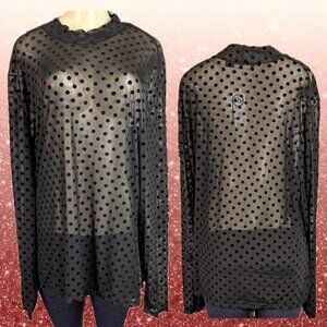 FTF +4 Black Sheer Mesh Flocked Polka Dot Mock Neckline Long Sleeve Blouse